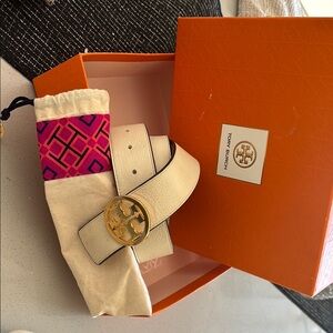 Tory Burch White Belt with Gold Logo Buckle